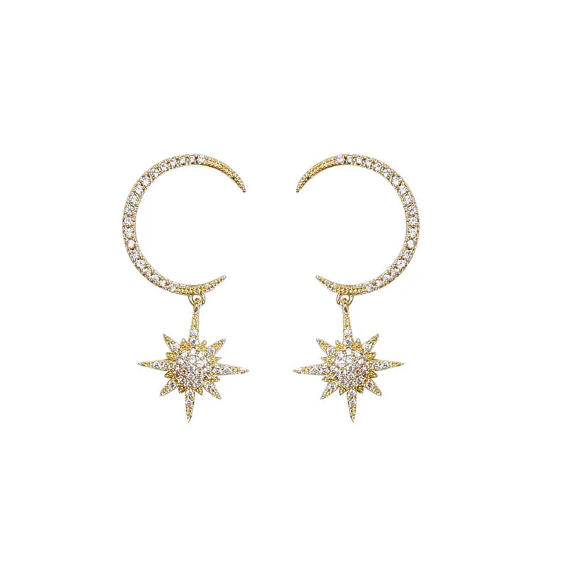 

Korean Style S925 Silver Post Cubic Zircon Moon Star Earrings Shining CZ Crystal Star Moon Earrings for Wedding Bridal