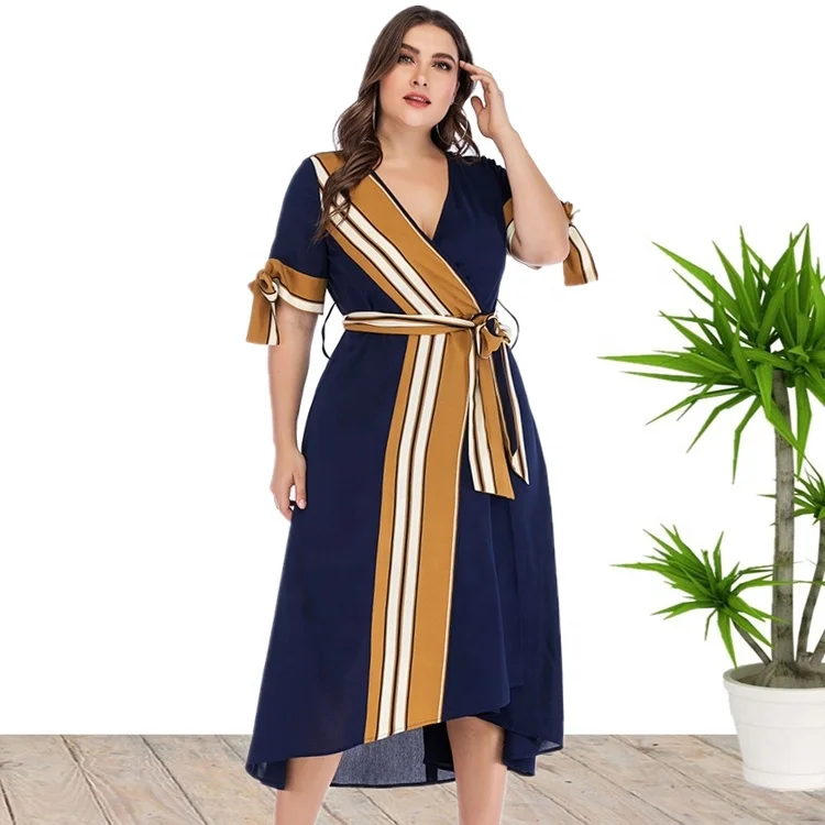 

Wholesale Plus Size Strip Patchwork Summer Midi Dresses For Women 2020