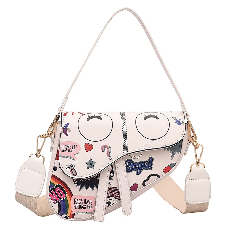 

Brand Fashion Plaid Cute Cartoon Printed Cross body Lady Shoulder Graffiti saddle Bag Woman luxury Handbag