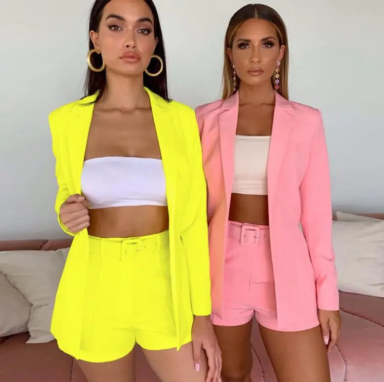 

Women's Wear Leisure Loose Suit High Waist Hip And Belt Short Pants Pure Color Suit, As picture