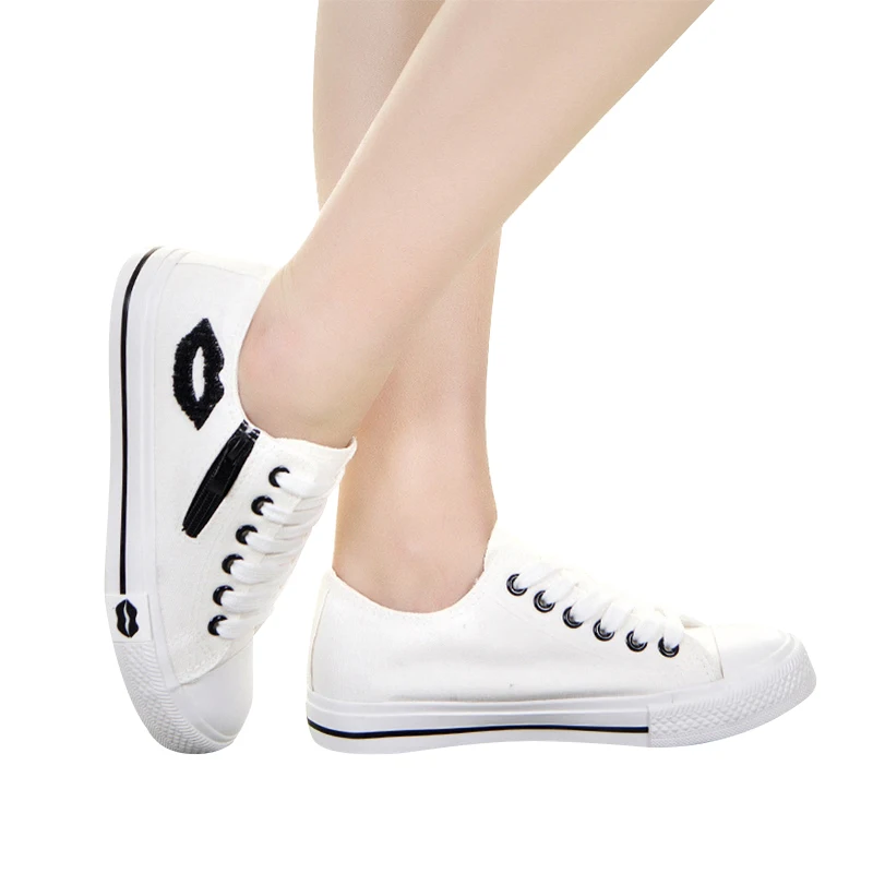 

New Design Custom Wholesale Fashion Skateboard Sport Easy On/Off Woman Printed Graffiti Original Women Canvas Shoes, White black red blue