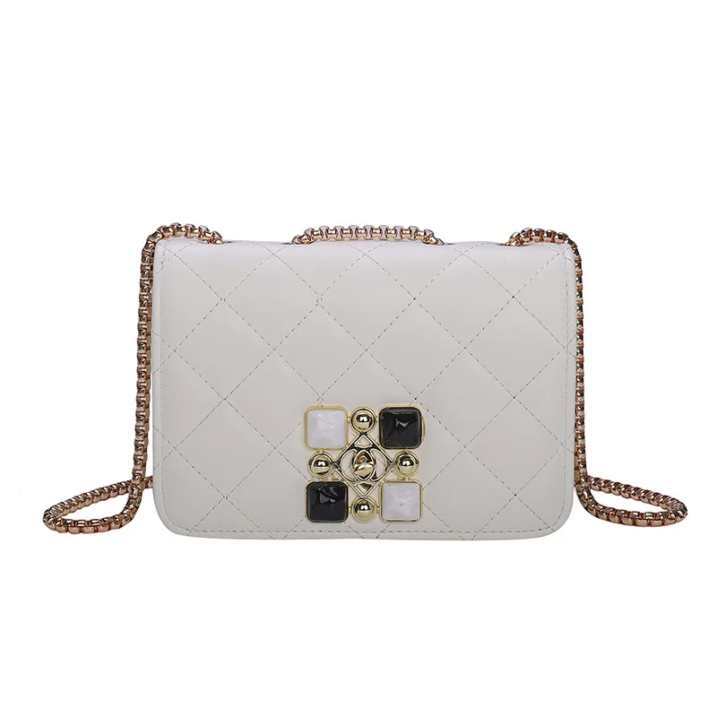 

Diamond Quilted Embroidery Thread Classic Style White Shoulder Bag Chain Messenger Bag, White, green, blue, black