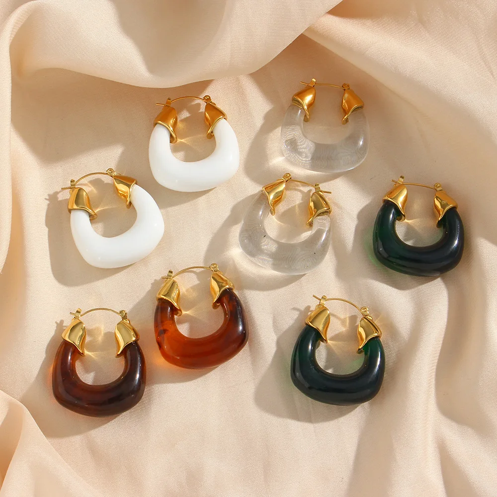 

New Design 18k Gold Plated Stainless Steel Colorful Earrings Chunky Acrylic U Shape Hoop Earrings Stainless Steel Jewelry