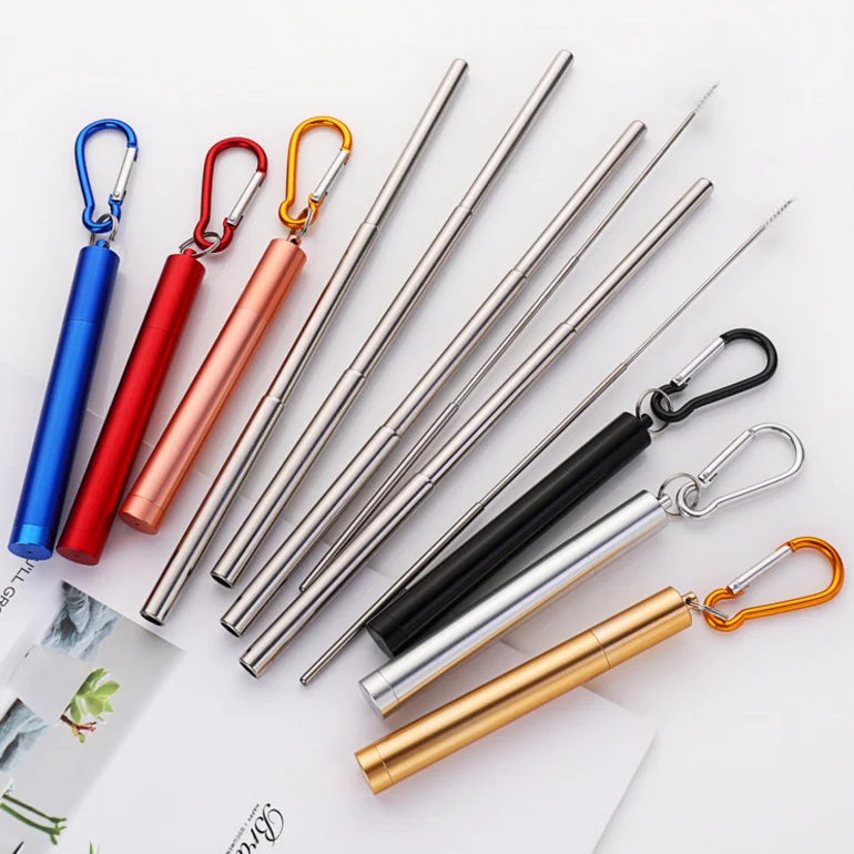 

Eco Friendly Reusable Travel Adjustable Metal Folding Drinking Straws,Portable Stainless Steel Telescopic Straw, Silver