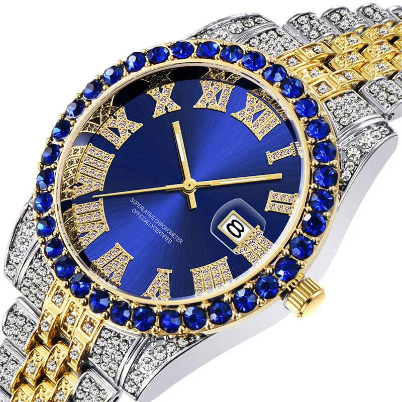 

luxury hip hop men women red green bule face gold iced rhinestone diamond quartz watches japan movement