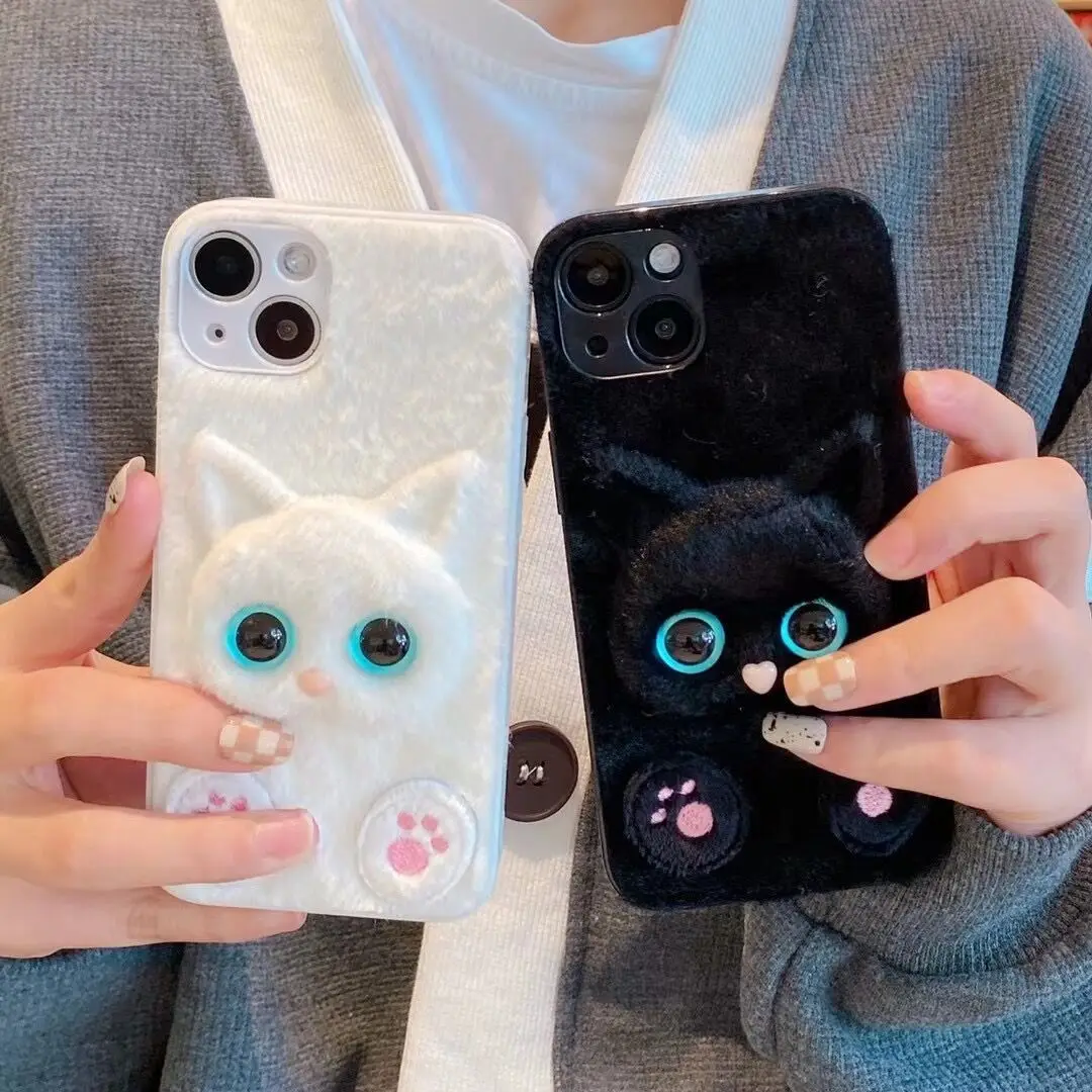 

novationcase simons cartoon cat plush phone case applin plush 3D cat eyes Coque For iPhone 11 12 13 Pro Max Case Cover