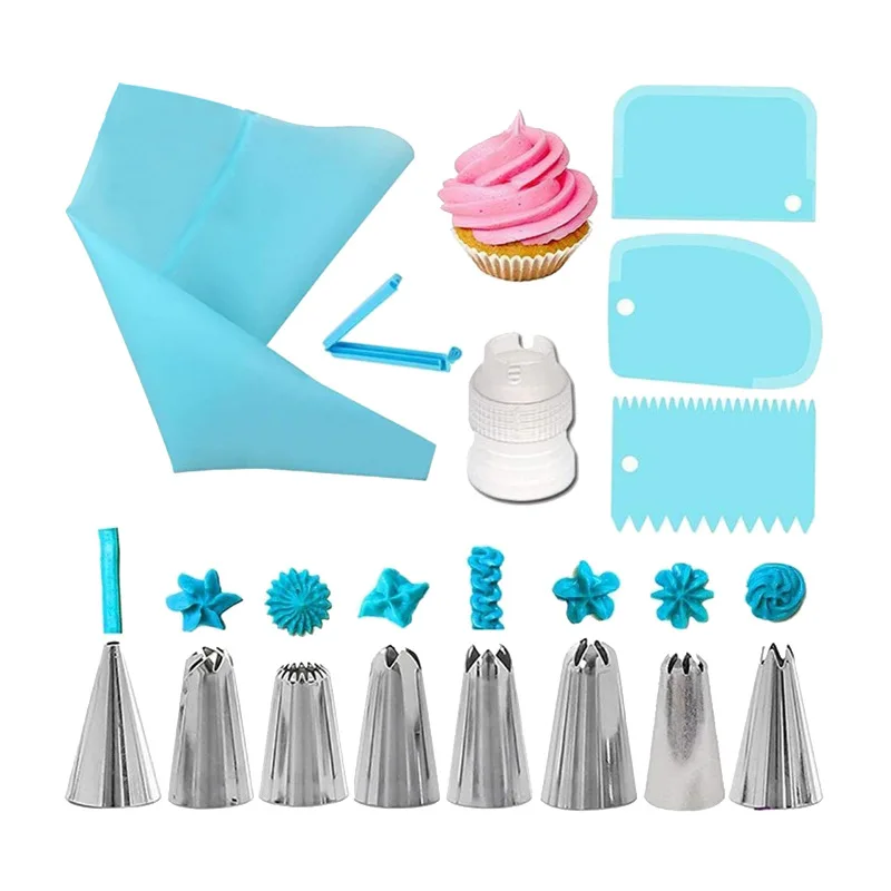 

14Pcs/Set DIY Cake Decorating Tools Reusable Piping Nozzles Set Pastry Bag Scraper Cream Tips Converter Kitchen Baking Tools, Blue,pink,white,green
