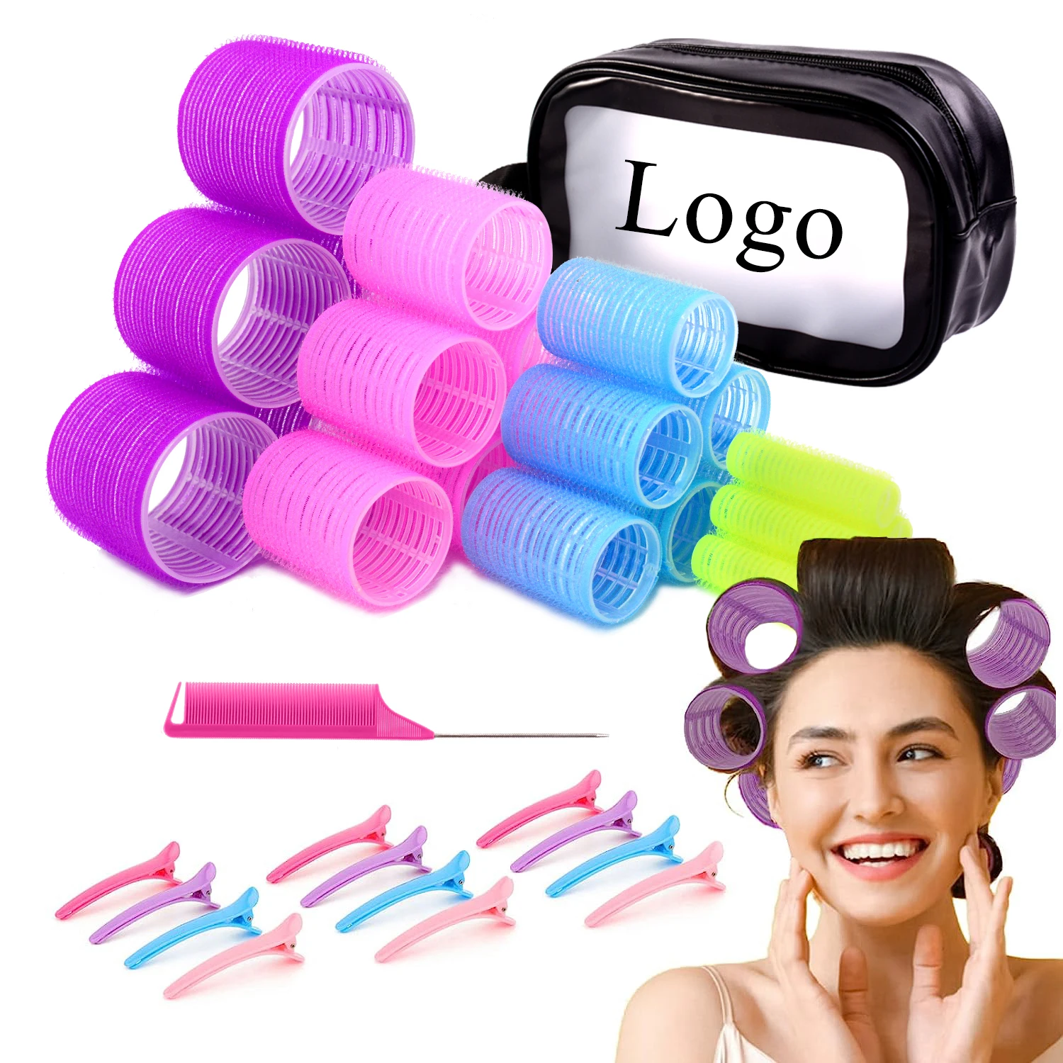 

Wholesale custom nylon plastic hair rollers set no heat self grip hair rollers with comb and duckbill clips