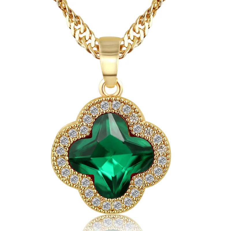 

Top Quality Factory Price 2021 Fashion Popular Hot Sell Gold Chain Four Leaf Clover Charm Gemstone Pendant Necklaces For Women