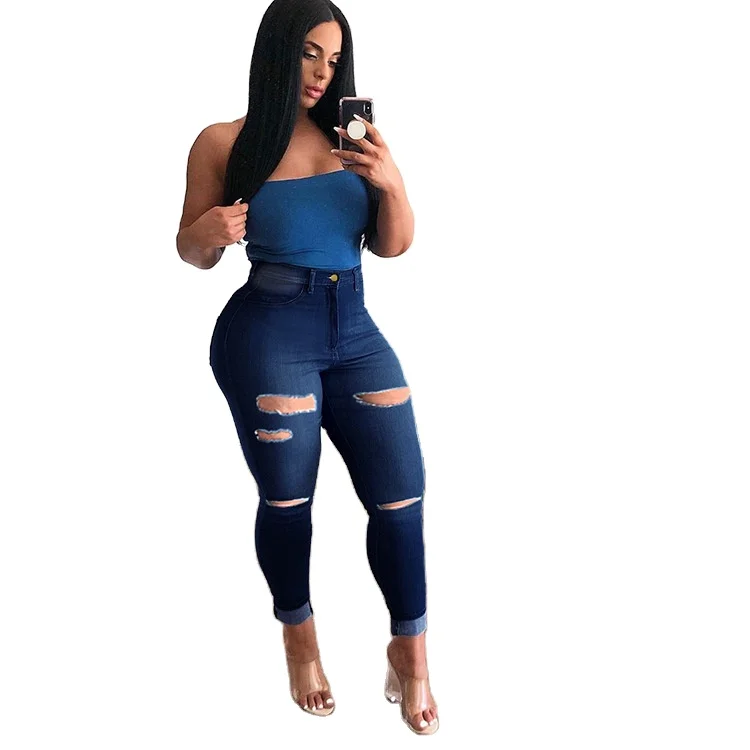 

New arrivals 2021 summer fat women clothing plus size jeans for women, Blue