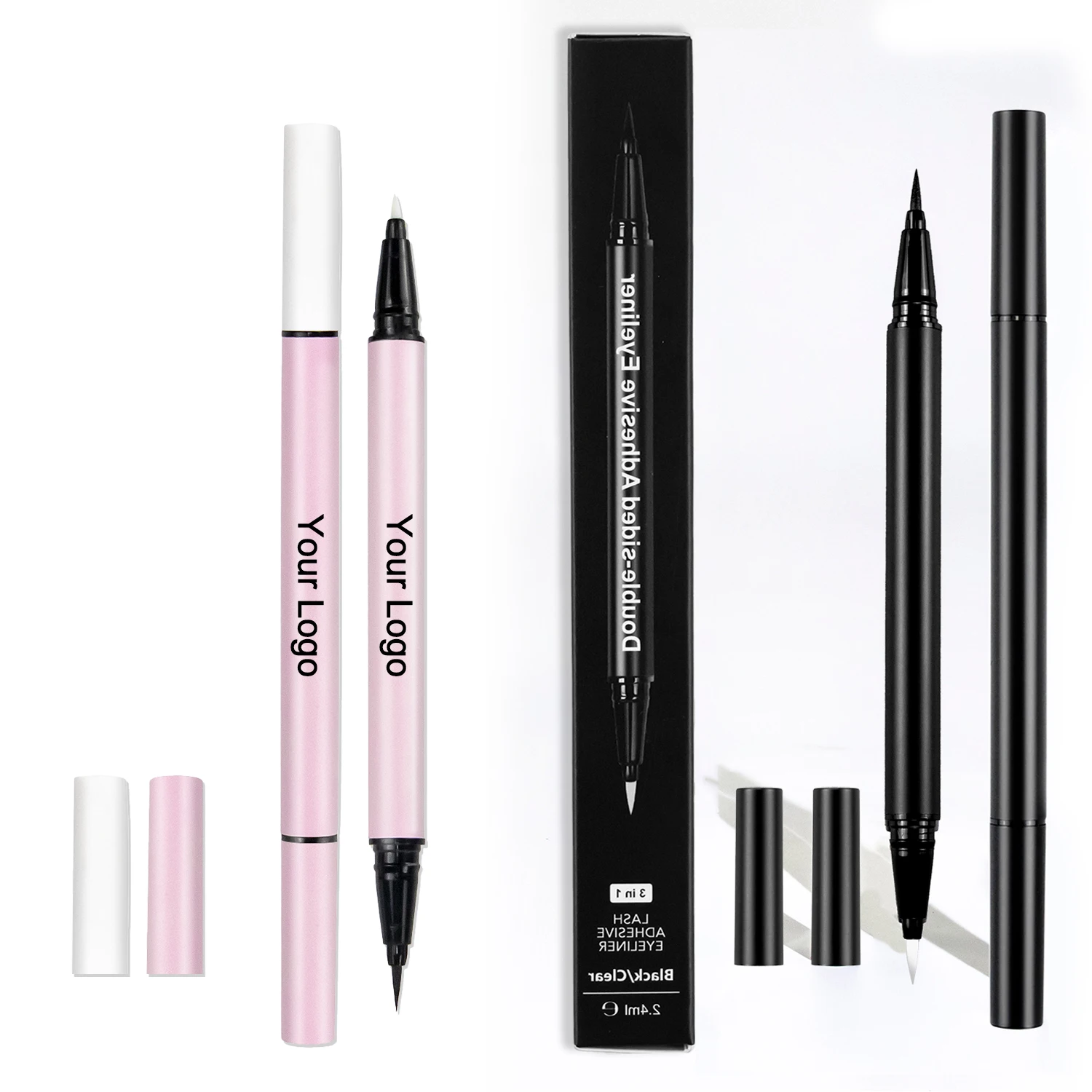 

2021 Wholesale eye beauty waterproof 2in1 double ended eyeliner self double sided adhesive eyeliner private label, Black/clear