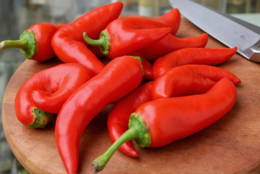 Close-up photograph of cowhorn peppers showing their distinctive curved shape, glossy red skin, and tapered end on a wooden cutting board with gardening tools