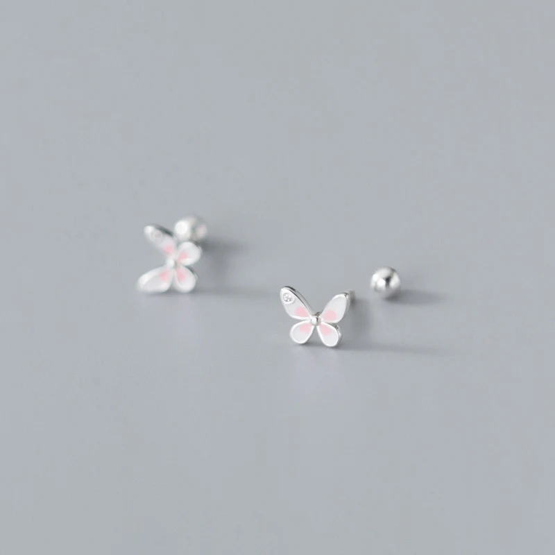 Real 925 Sterling Silver Earring Fashion Mini Insect Butterfly CZ Screw Stud Earrings for Women Wedding Jewelry