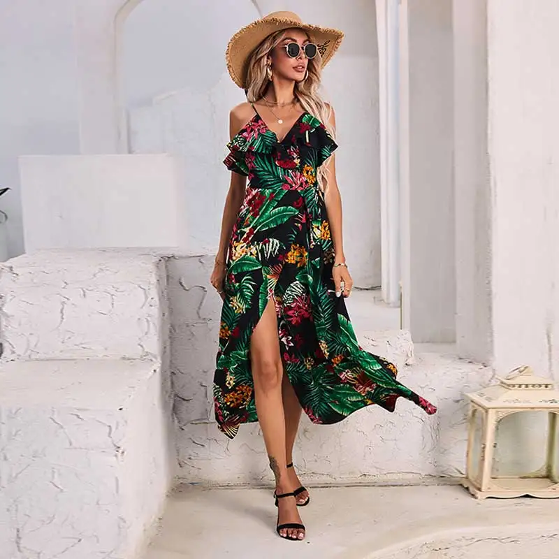 

2021 Luoqi New Women's Summer Casual Floral Dress Wrap Boho Cami Maxi Dresses, Customized color