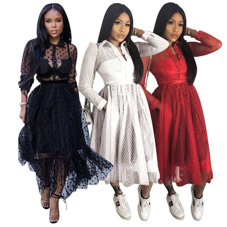 

2021 Fashion Ladies Dress See Through Tulle Mesh Patchwork Dot Print Women Clothing Casual Long Sleeve Women Long Dresses, Shown