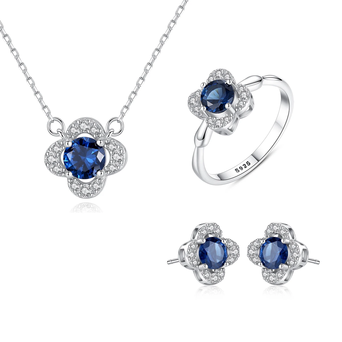 

CZCITY Blue Gemstone High Quality Fashion wedding Stud Earrings Necklace Chain Ring 925 Sterling Silver Gemstone Jewelry Set