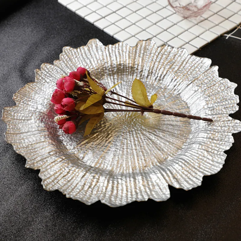

European Creative Plating Gold Snow Glass Plate Color Lace Plate Fruit Snack Dessert Western Food Plate Set Grocery Storage Tray