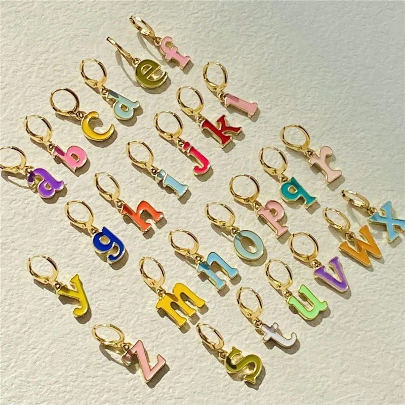 

Creative Design Gold Plated Colorful Enamel Initial Earring Custom Cute Cartoon Words Hoop Earrings