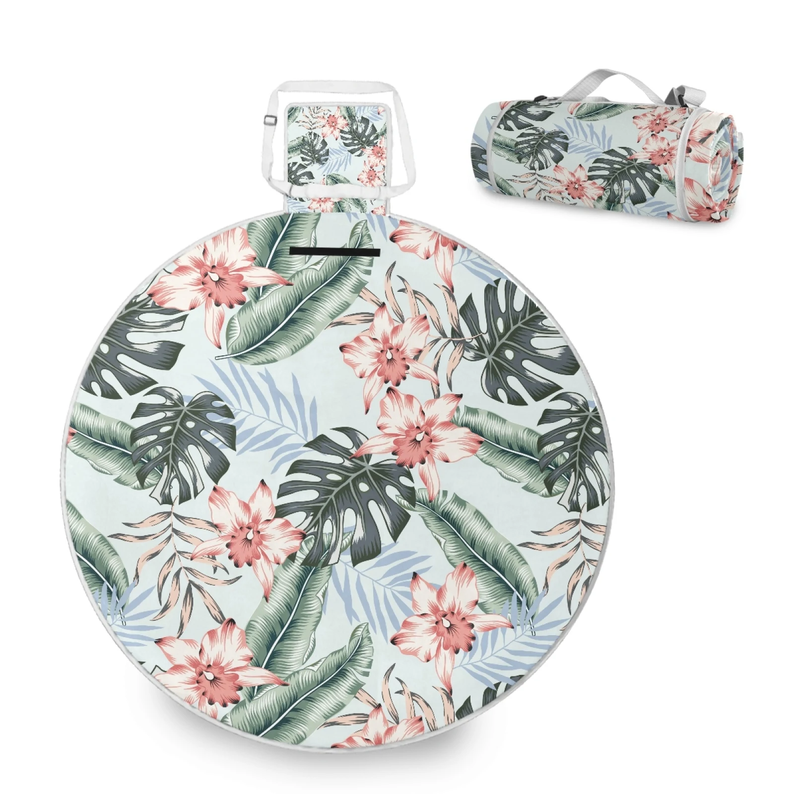 

Outdoor Foldable Beach Picnic Blanket Fleece Beach Mat Round Custom Waterproof Camping Mat