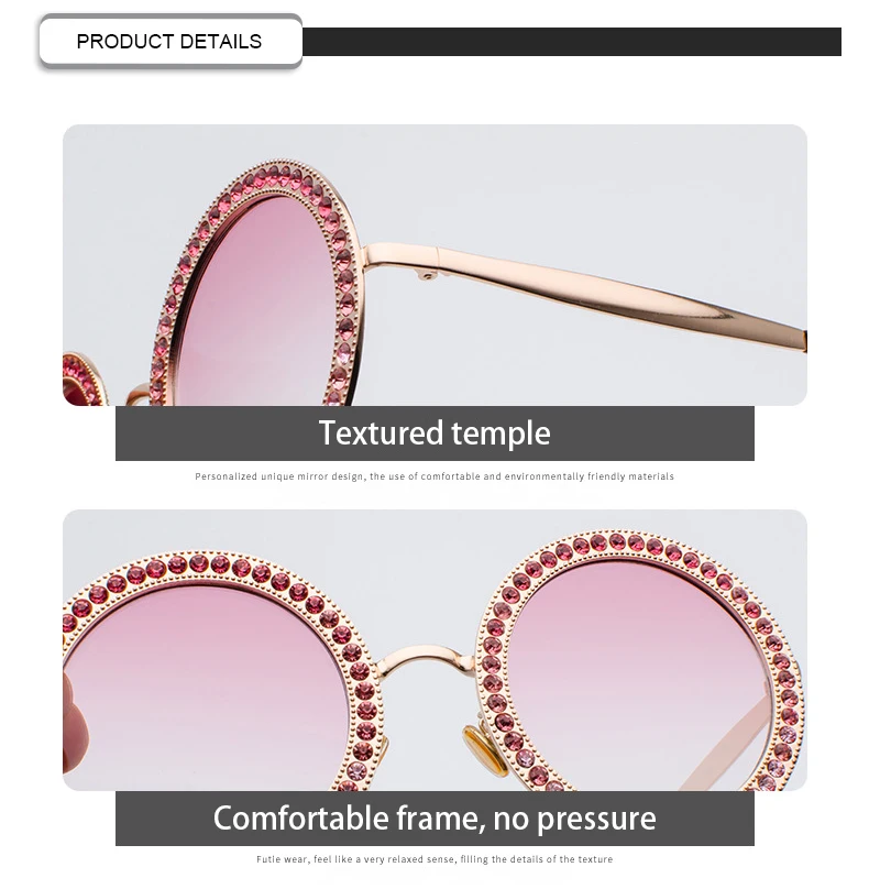 Luxury OEM Round Diamond Multi-color Designer Logo Ladies Sunglasses