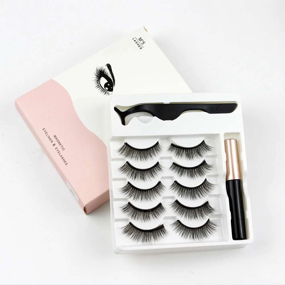 

custom luxury private label 5 pairs 100% natural magnetic false mink eyelashes set with box, Natural black
