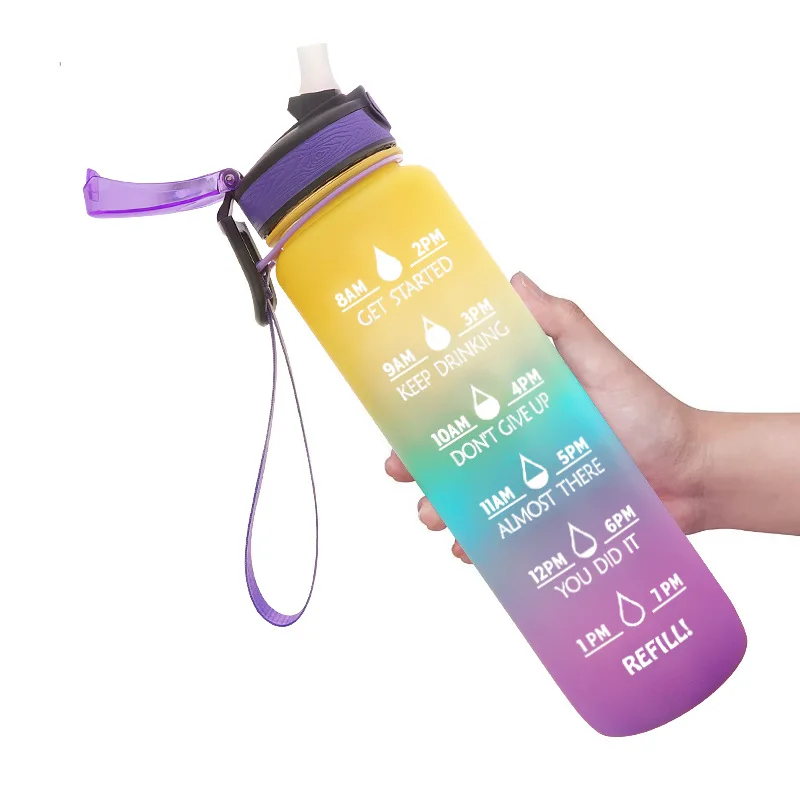 

2021 Time Marker Leakproof Tritan Motivational Bicycle Product Tritan Sport Frosted 32oz Plastic Water Bottle Bpa Free, Yello, blue, orange