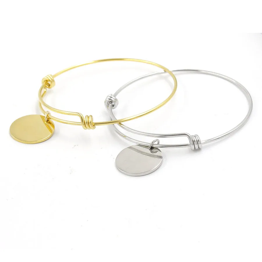 

DIY High Polished Stainless steel disc tag Charms adjustable stretch bracelet Charms Stainless Steel Jewelry, Gold plating