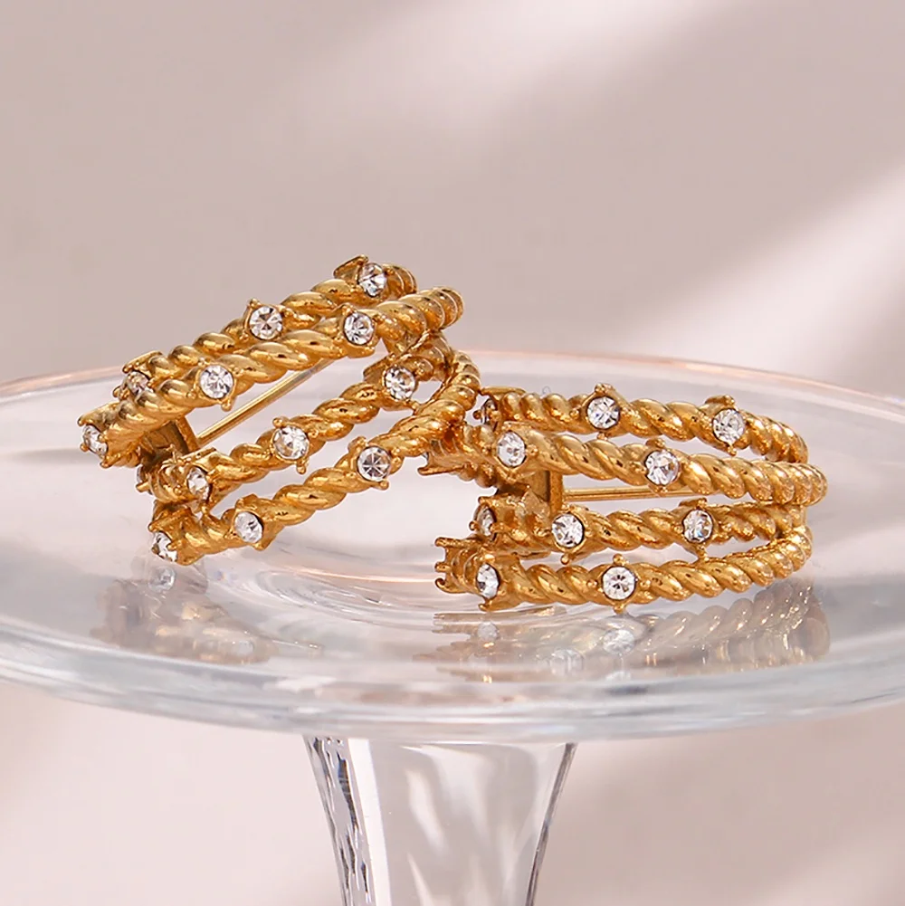 Exaggerated Chic Multi Layer Twisted Zircon Hoop Earring Banana Shape Gold Plated Stainless Steel Women Jewelry