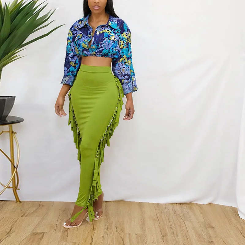 

Long skirt solid color fashion street shot tassel high waist slim slim skirt female