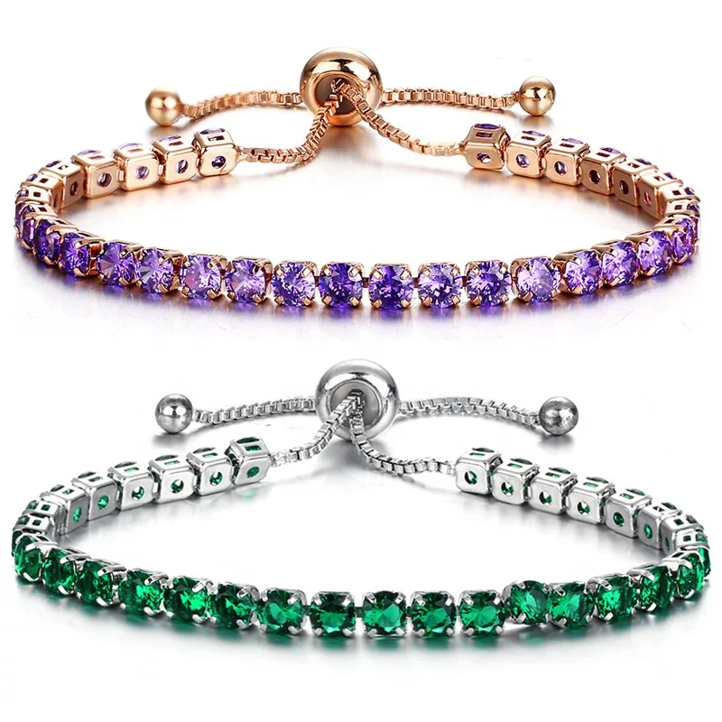 

Fashionable Luxury Colorful Crystal Zircon Adjustable Slip Knot Copper Tennis Chain Ladies Girls Bracelet Jewelry For Woman, As picture