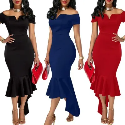 

F20411A European style dress new fashion ladies dress off shoulder ladies evening dress for women, Red/black/ purple / blue/white