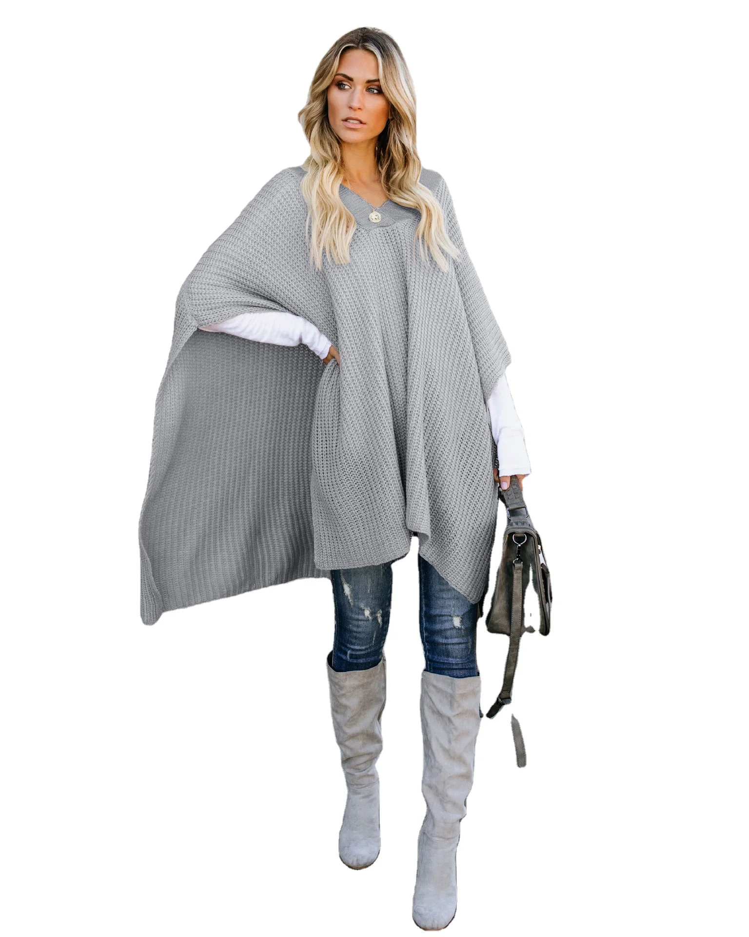

readymake Best selling autumn poncho women oversized plain cape sweaters v neck polyester knit sweater cloak