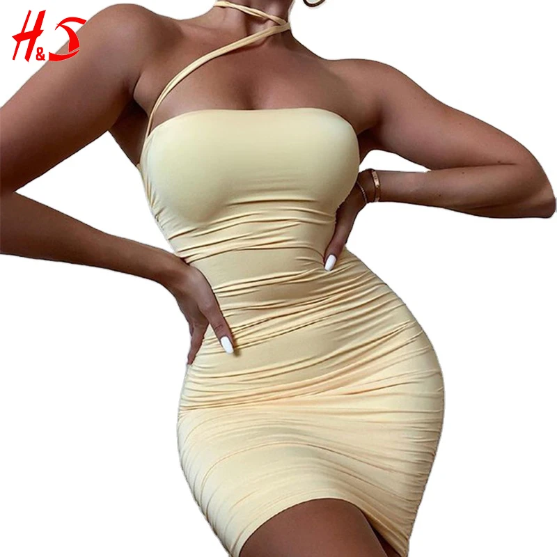 

Wholesale Fashion Backless Buttocks Sexy Women Short Dress Off Shoulder Elegant Halter Neck Yellow Ruched Bodycon Casual Dresses, Customized color