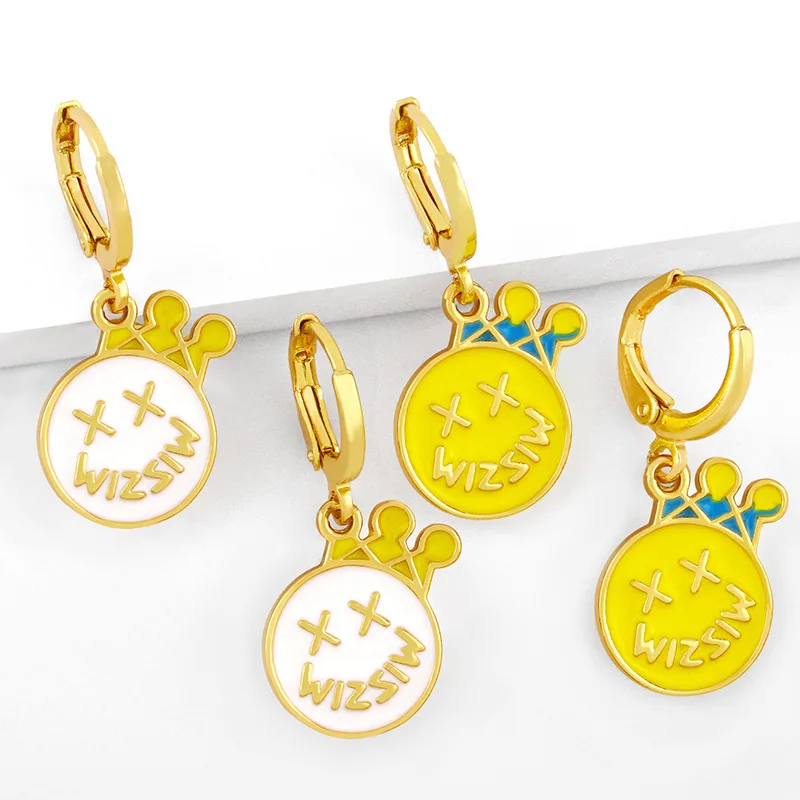

ER-639 High Quality 2021 New Luxury Cute Jewelry Enamel Smiley Crown 18k Gold Face Earrings For Women Girls Kids