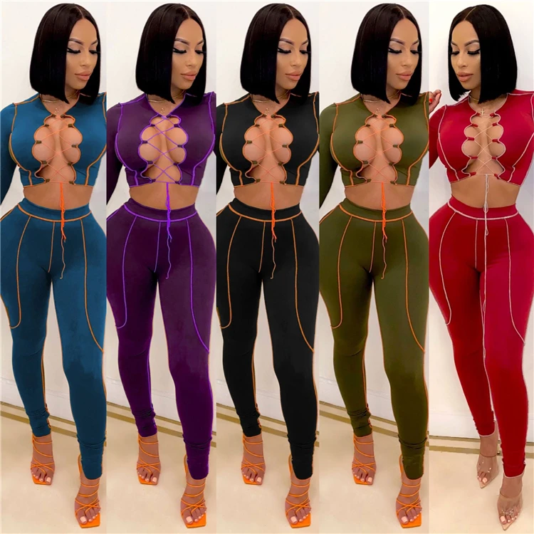 

C1296-spring 2021 v neck laced up crop top women leggings set two piece pants set