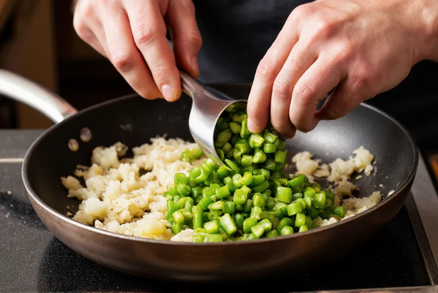 Chef's hands adding diced canned green chili peppers to sizzling skillet with onions and garlic