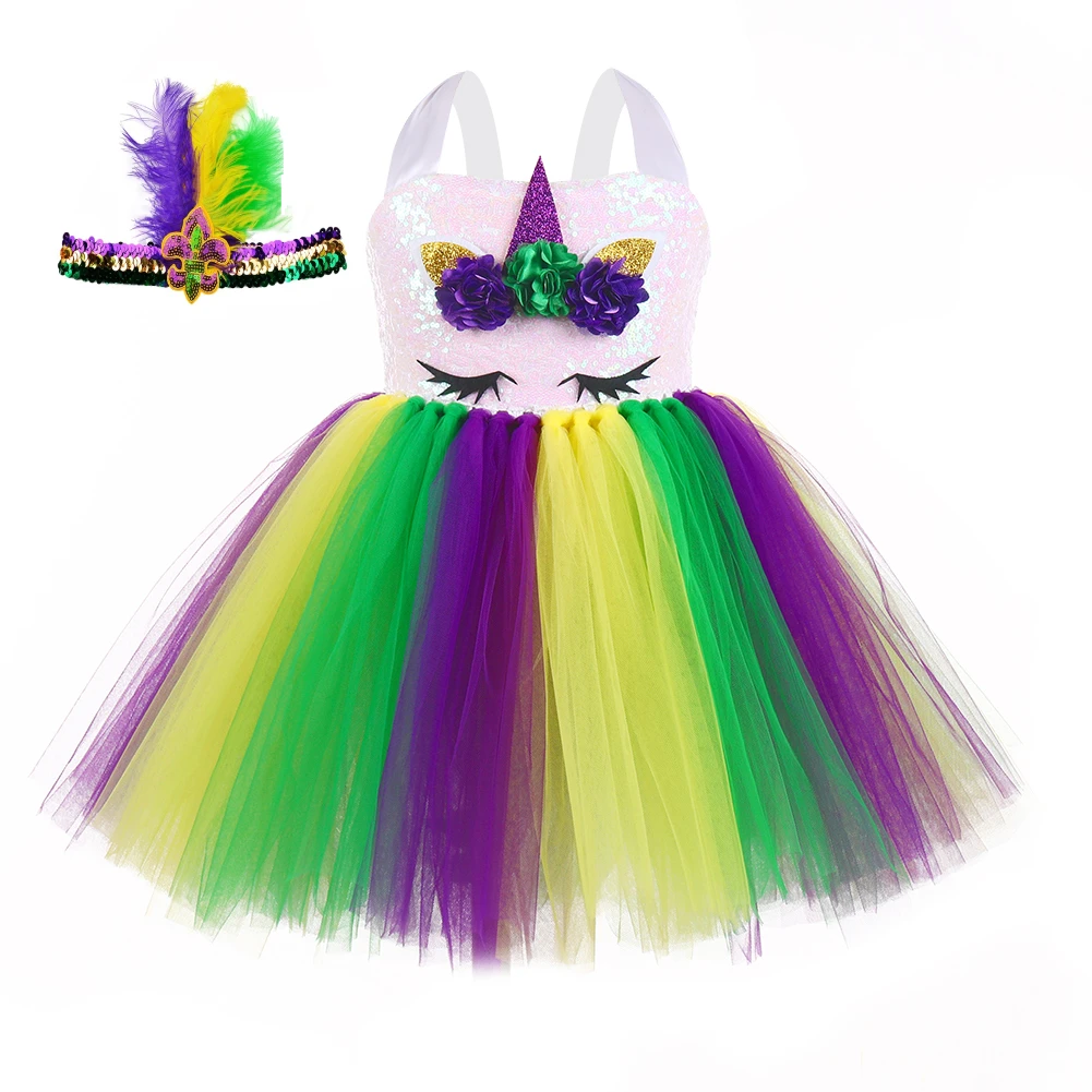 

Western Festival Kids Costume Colorful Sequin Party Wear 2-12 Years Girl Unicorn Tutu Dress With Headband