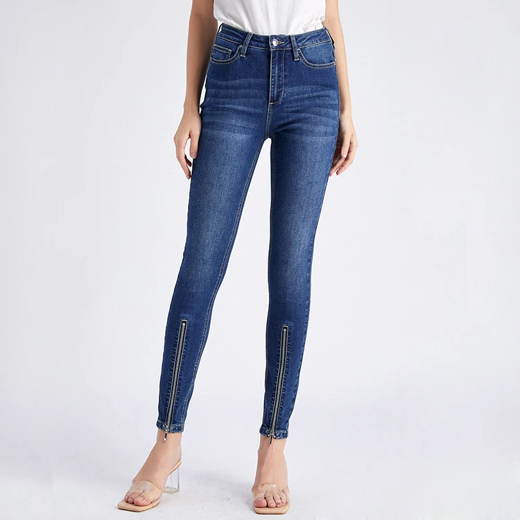 

High Quality High Waist Blue Denim Skinny Zipper Leg Opening Girl Trousers Fashion Stretchy Plus Size Ladies Women Cropped Jeans