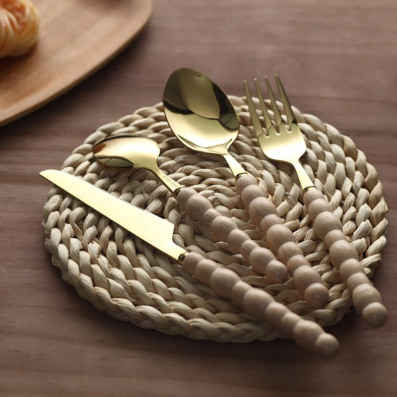 

Bulk Exquisite Pearl Cutlery Set Stainless Steel Wooden Handle Knife Fork Spoon Silverware Flatware For Wedding