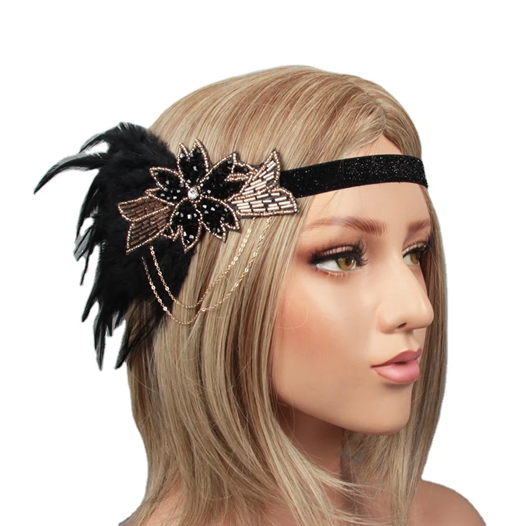 

Vintage Black Feather Headband 20s Headpiecefor Gatsby 1920s Party Handmade for Women, Clear crystal applique