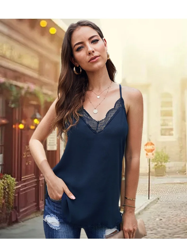 

Summer casual vest loose blouse chiffon v-neck lace ruffles halter vest T shirt spaghetti strap top