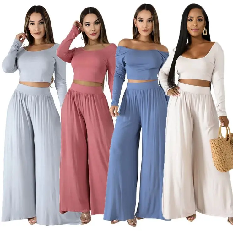 08AF351 2020 Autumn new solid color deep u-neck long-sleeved crop top and Wide Leg Pants Two Piece Set Women Clothing