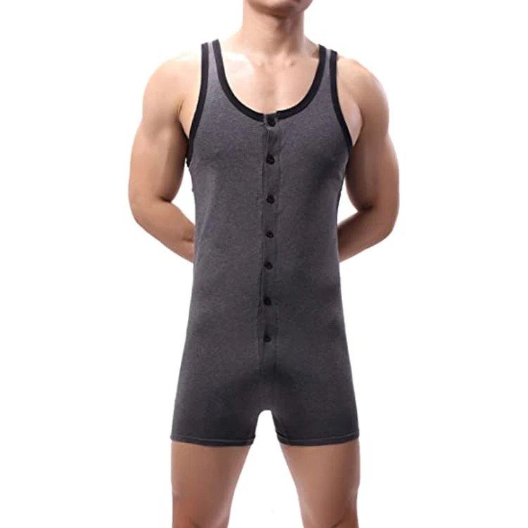 

2021 Custom 100% cotton gray plus size one piece sleepwear sleeveless jumpsuits bodysuits for men, Picture