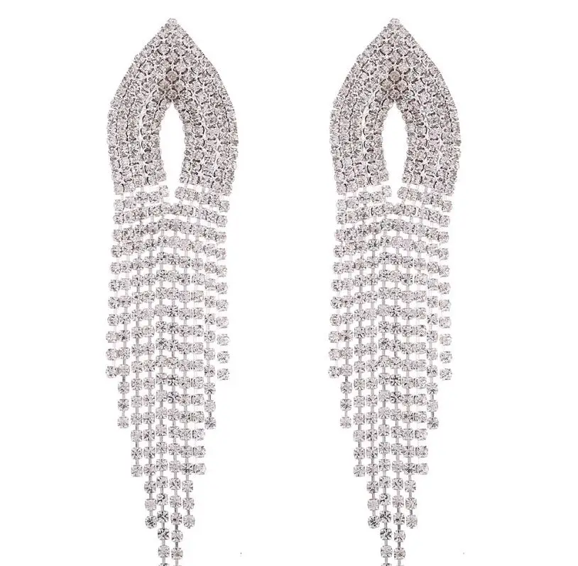 Queena Clear rhinestone  Bikini Competition Rhinestone Earrings Long Tassels Fringe Dangle Bridal Crystal  Stud Earring Jewelry