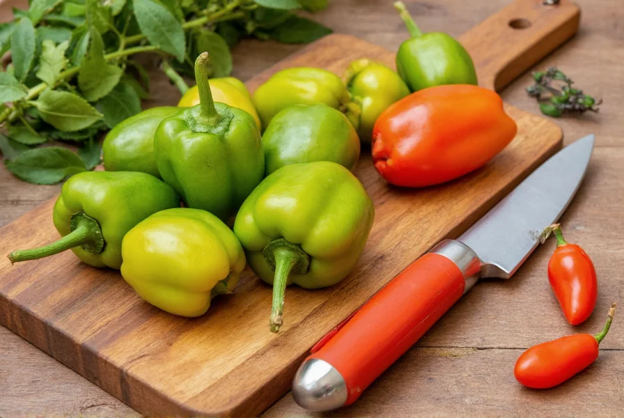 Freshly harvested cubanelle peppers displayed on wooden cutting board with gardening tools