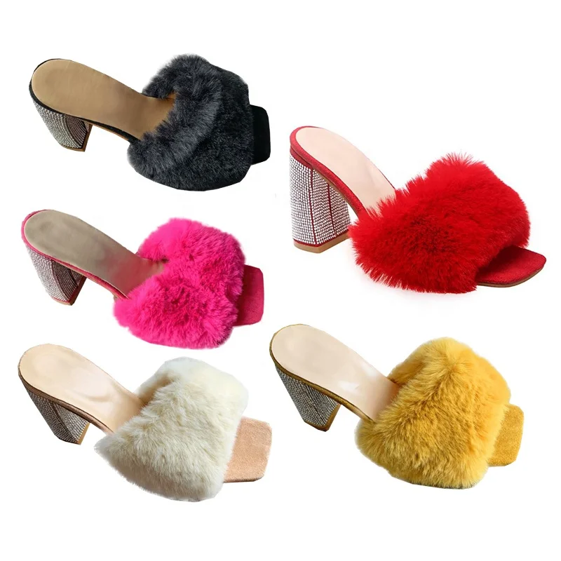 

Stylish Rhinestones High Heels Sandals Women Summer Beach Fur Sandals Slides Slippers