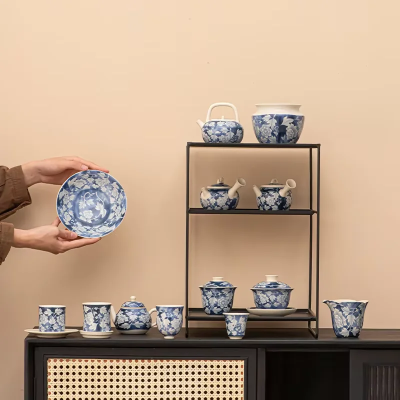 Soda Glaze Peony Flower Tea Cup Kung Fu Gaiwan Teapot Single Stoneware Coaster with Gongdaobei Filter Household Ceramic Teacup