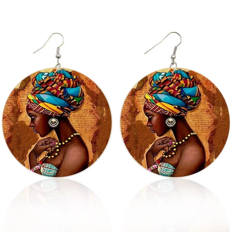 

Free Sample Custom African Headwrap Woman Wood Drop Earrings Afrocentric Two Side Painting Earring For Black Women