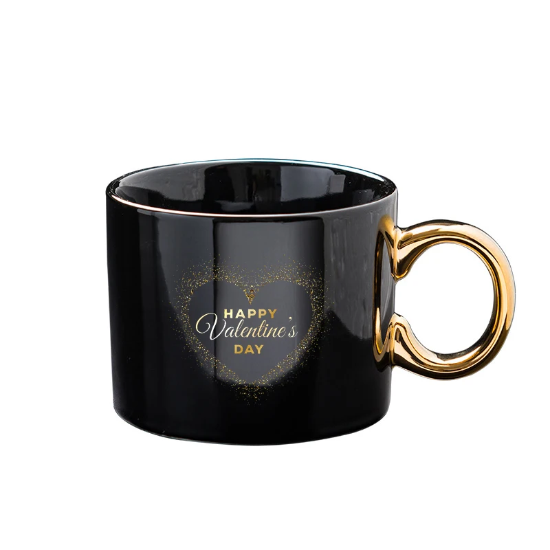 

Custom Ceramic Black Mug Luxury Gold Handle Coffee Mug, Black, red, white