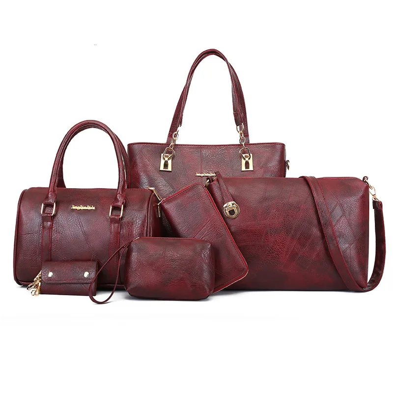 

High Quality Soft Large Capacity PU Leather ladies 6 in 1 Handbag Set Shoulder Tote handbags for women luxury, Customizable